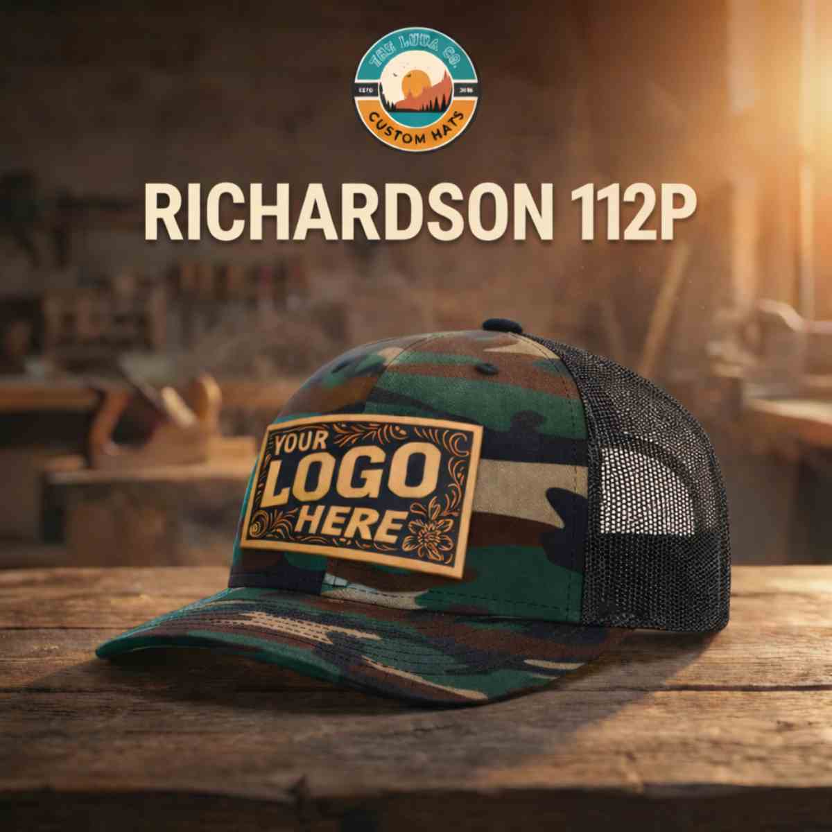 Richardson 112P camo trucker hat with mesh back and snapback closure