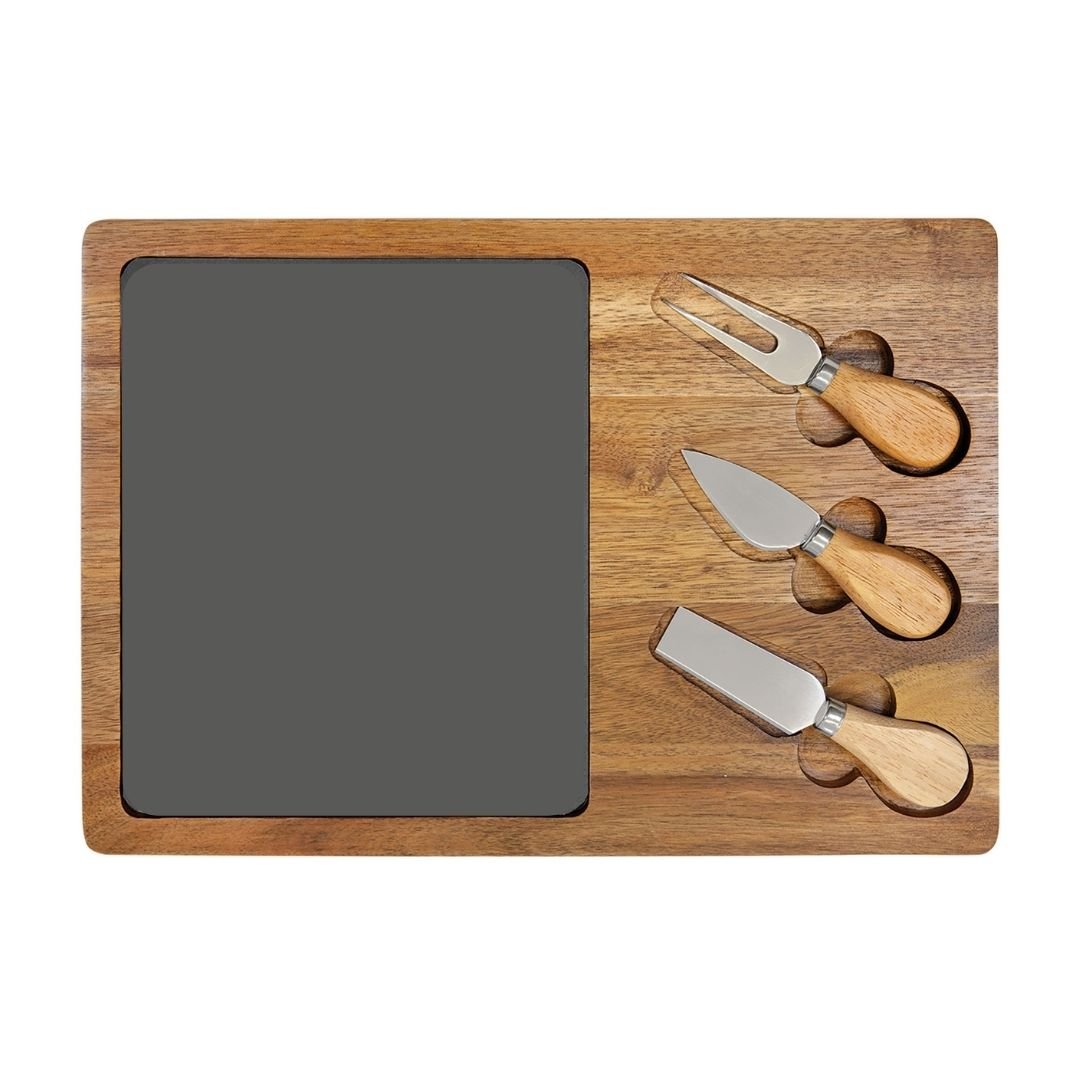 Acacia Wood/Slate Rectangle Cheese Set with Three Serving Tools - The Luua Company